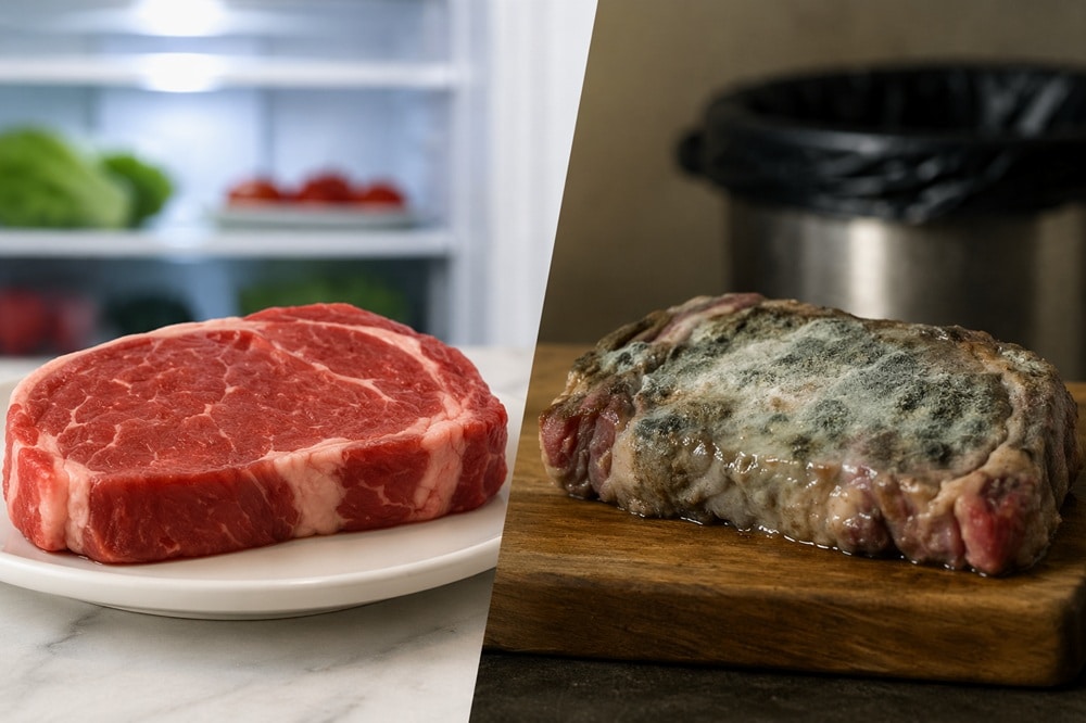 Split view showing raw beef steak on a plate left and a cooked steak with a cheese topping on a wooden board right.
