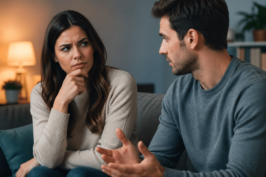 A woman and a man sit on a sofa having a tense discussion; she rests her chin on her hand, looking skeptical while he gestures with his hands.