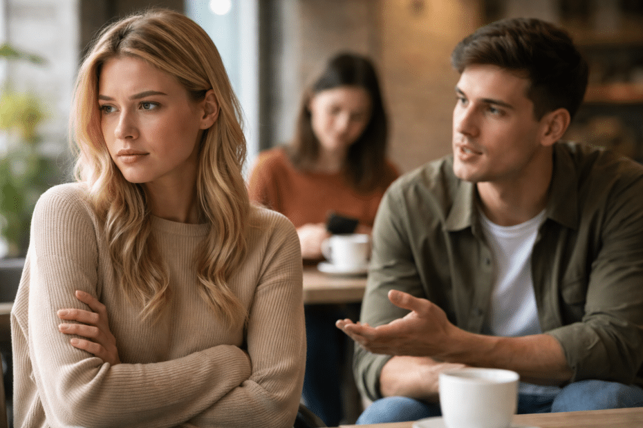 Woman with blond hair in a beige sweater sits with arms crossed, looking away in a cafe as a man speaks nearby with a casual gesture in the foreground, a blurred person with a phone in the background.
