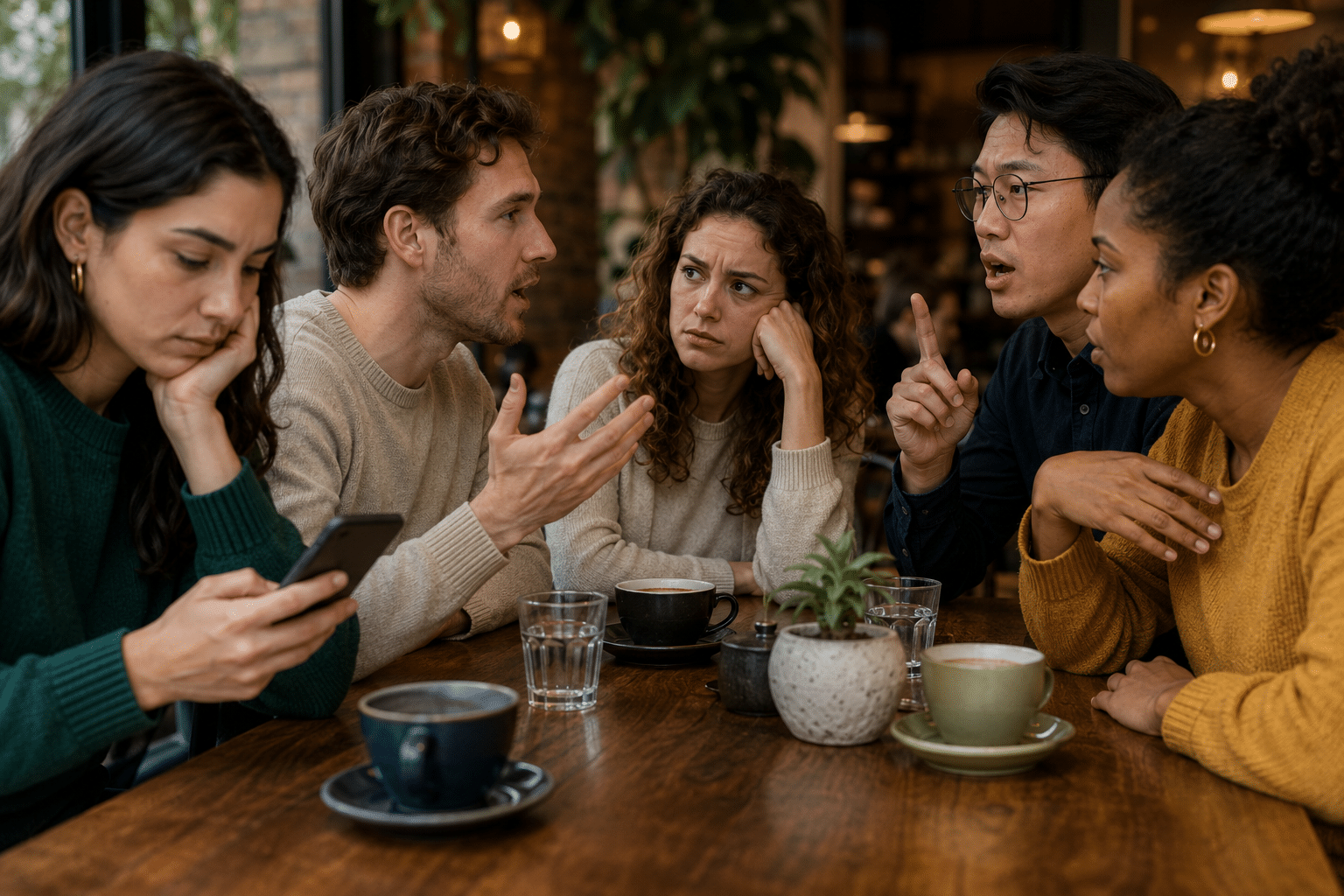 Five friends sit around a wooden table in a cafe, arguing with animated gestures while one person looks at a phone minding their own device.