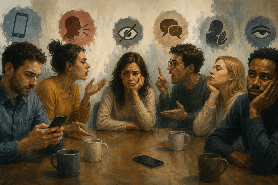 Six people sit around a table in a tense group discussion, smartphones on the table, with symbolic icons on the wall suggesting digital communication and conflict.