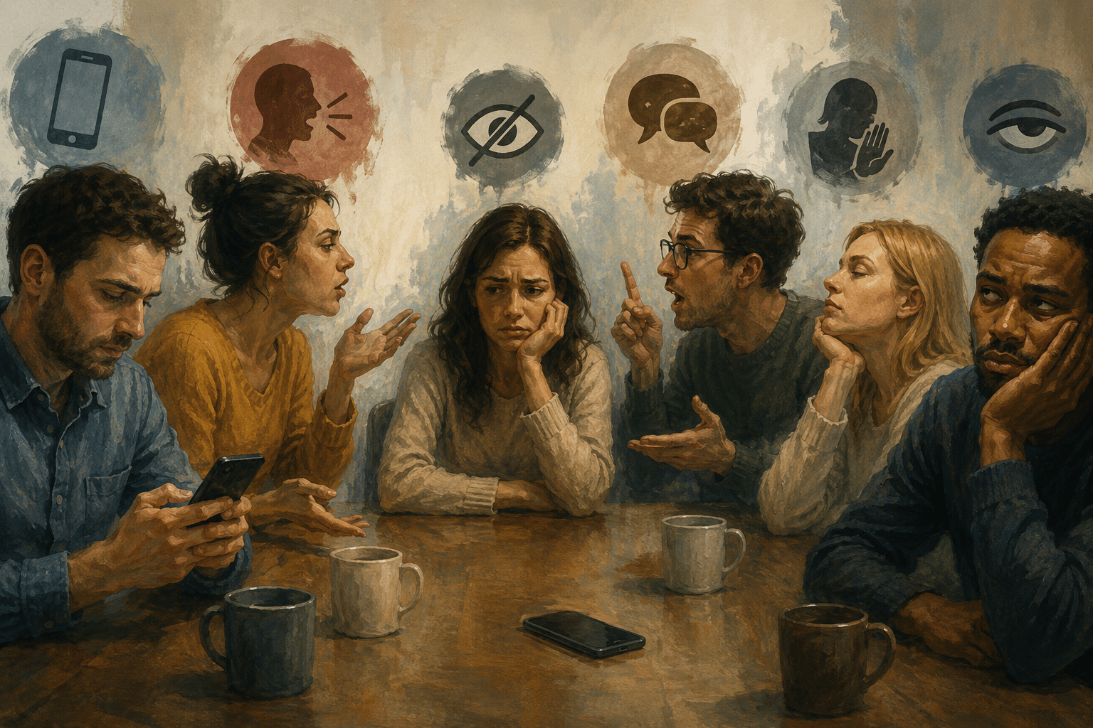 Six people sit around a table in a tense group discussion, smartphones on the table, with symbolic icons on the wall suggesting digital communication and conflict.