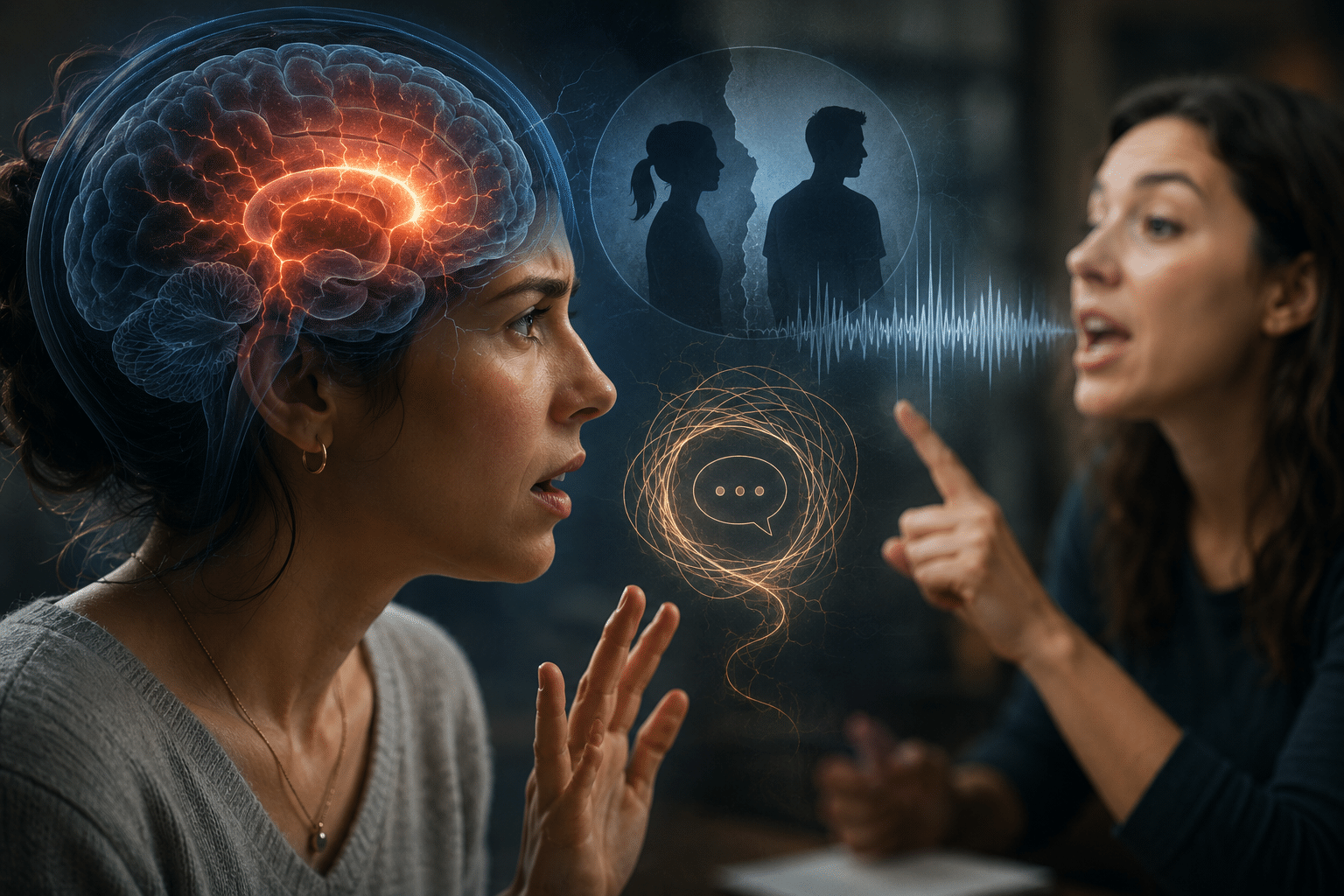 Two women in a tense conversation, with a glowing brain hologram over one side and a speech-bubble swirl between them, illustrating neuroscience discussion.