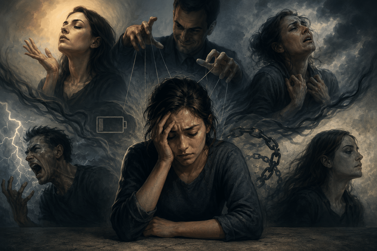 Central woman distressed, head in hand, controlled by strings pulled by unseen hands; other figures scream and recoil in a stormy scene.