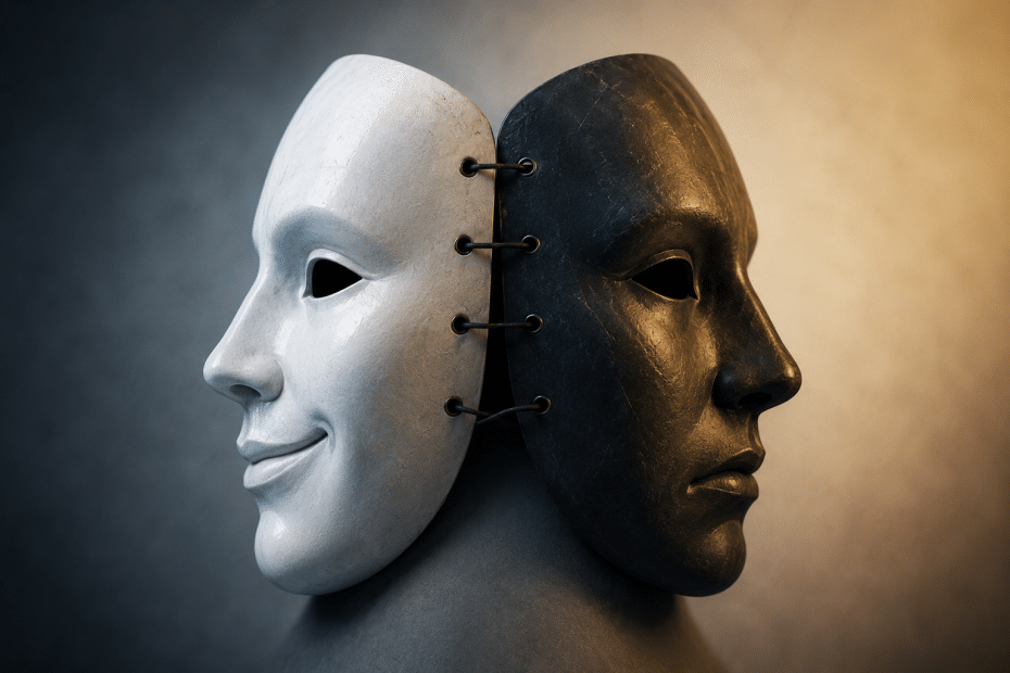 Two theater masks, white and black, joined by lacing to symbolize duality or contrast in identity