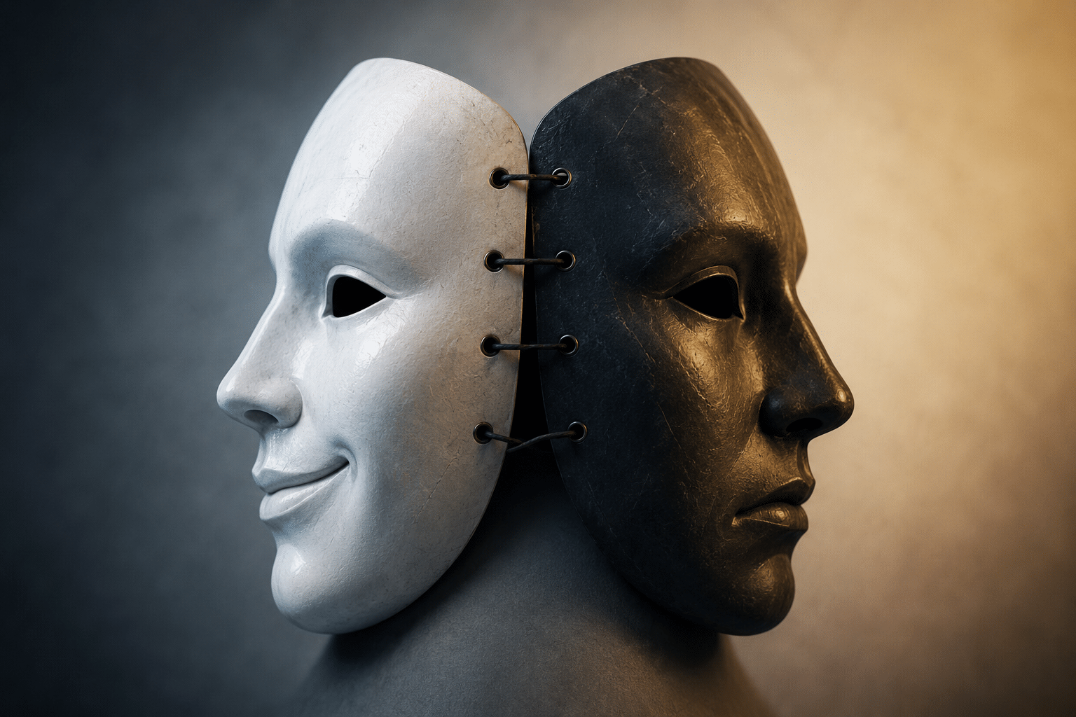 Two theater masks, white and black, joined by lacing to symbolize duality or contrast in identity