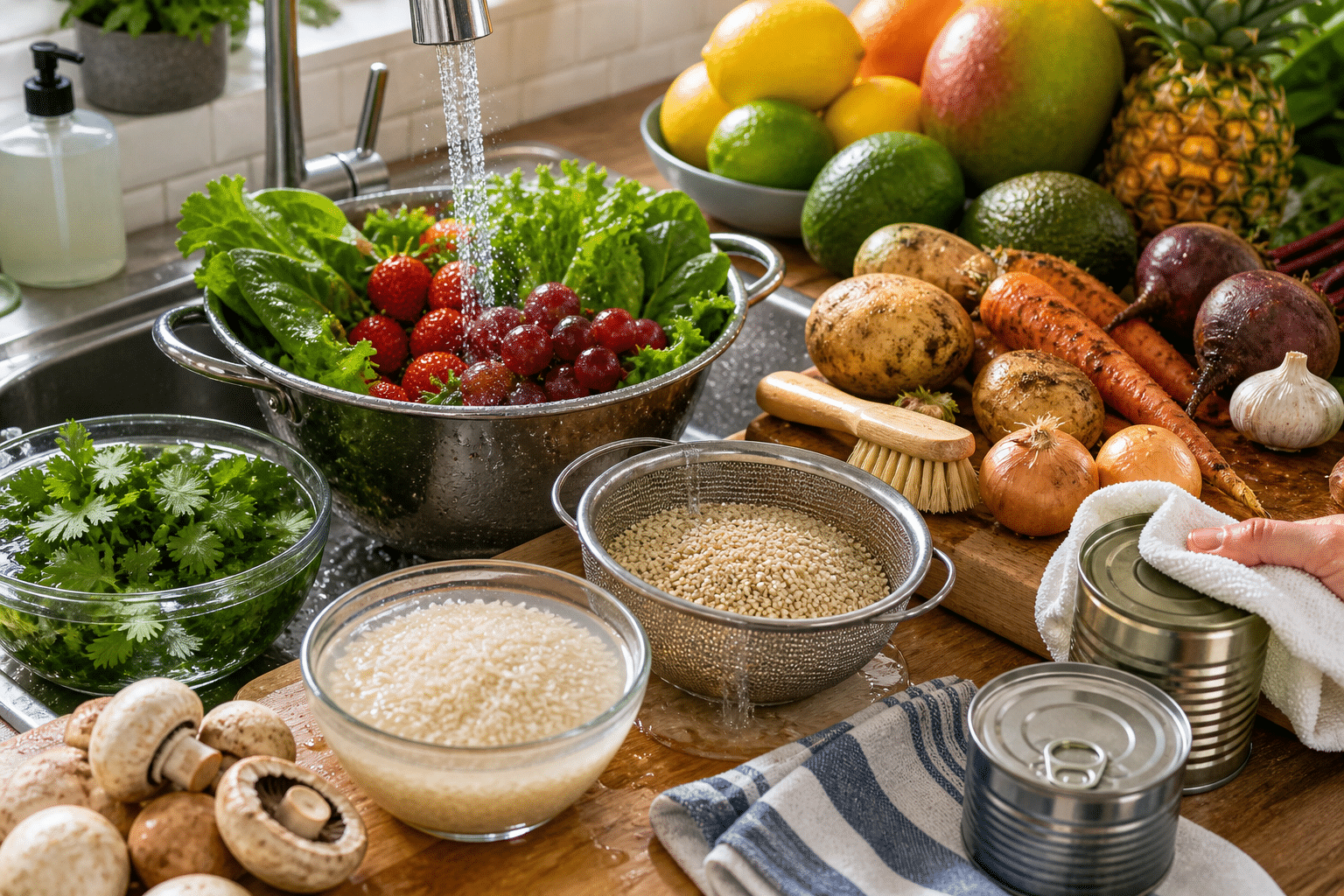 Colander of leafy greens and red berries under running water, with assorted fruits and vegetables nearby.