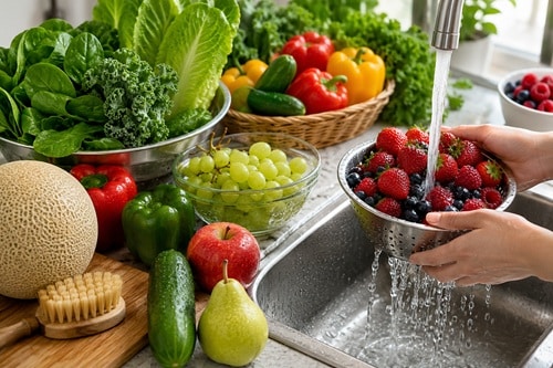 Fresh fruits and vegetables being washed under running water