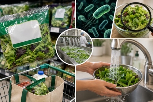 Bagged pre-washed salad greens in a grocery store