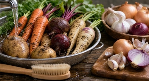 Root vegetables including carrots, potatoes and beets being scrubbed clean