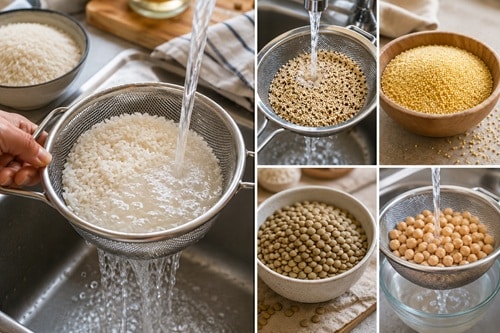 Rice and quinoa being rinsed in a bowl of water