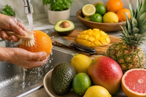 Citrus fruits and tropical produce including avocados and mangoes being washed