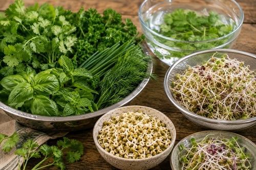 Fresh herbs including cilantro and parsley being rinsed in water