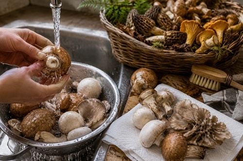 Fresh mushrooms being rinsed and cleaned before cooking