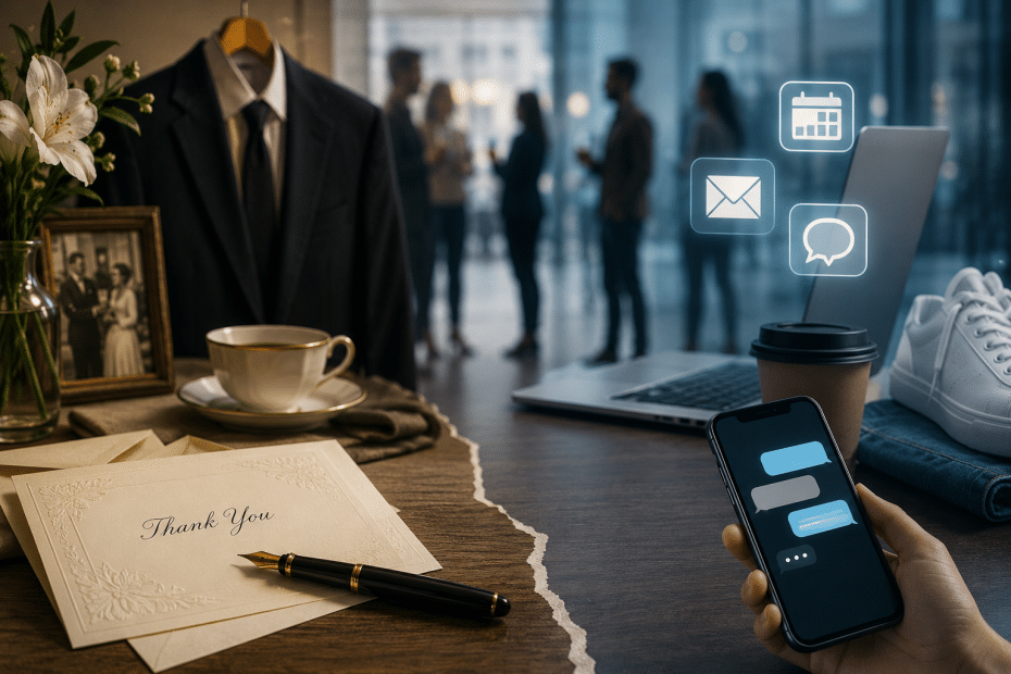 Desk scene with a ’Thank You’ card, fountain pen, teacup, flowers, a suit on a hanger, laptop, sneakers, and a hand holding a smartphone showing chat messages.
