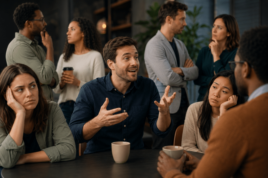A man in a navy shirt talks animatedly at a dark table while others listen with varied expressions; coffee mugs nearby.