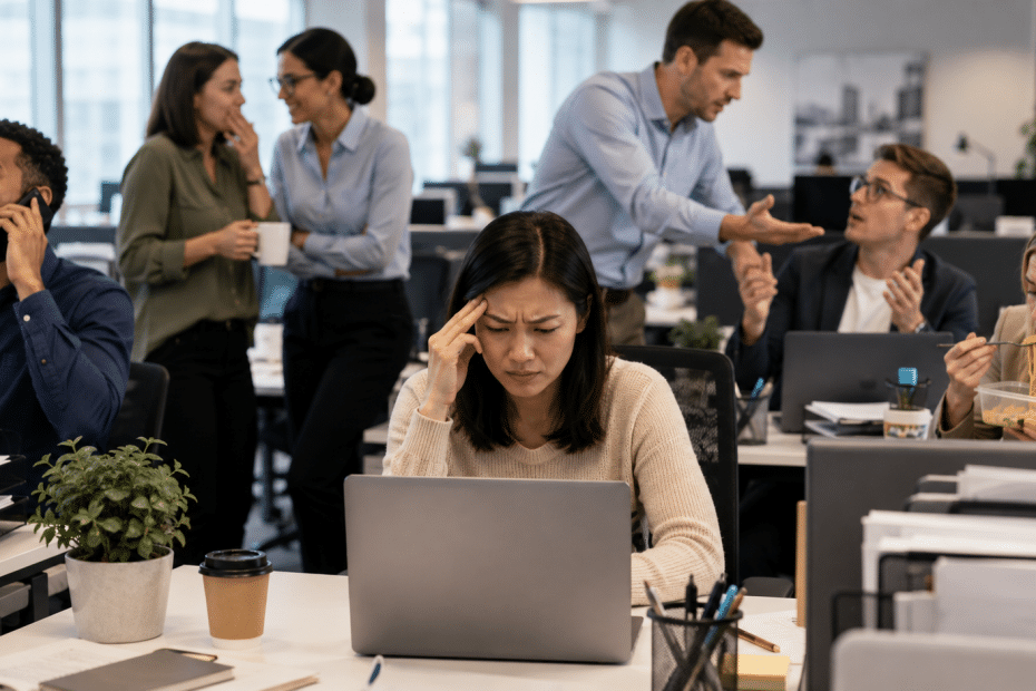 Woman focused on her laptop at a busy open-plan office while coworkers chat, argue, and eat in the background.