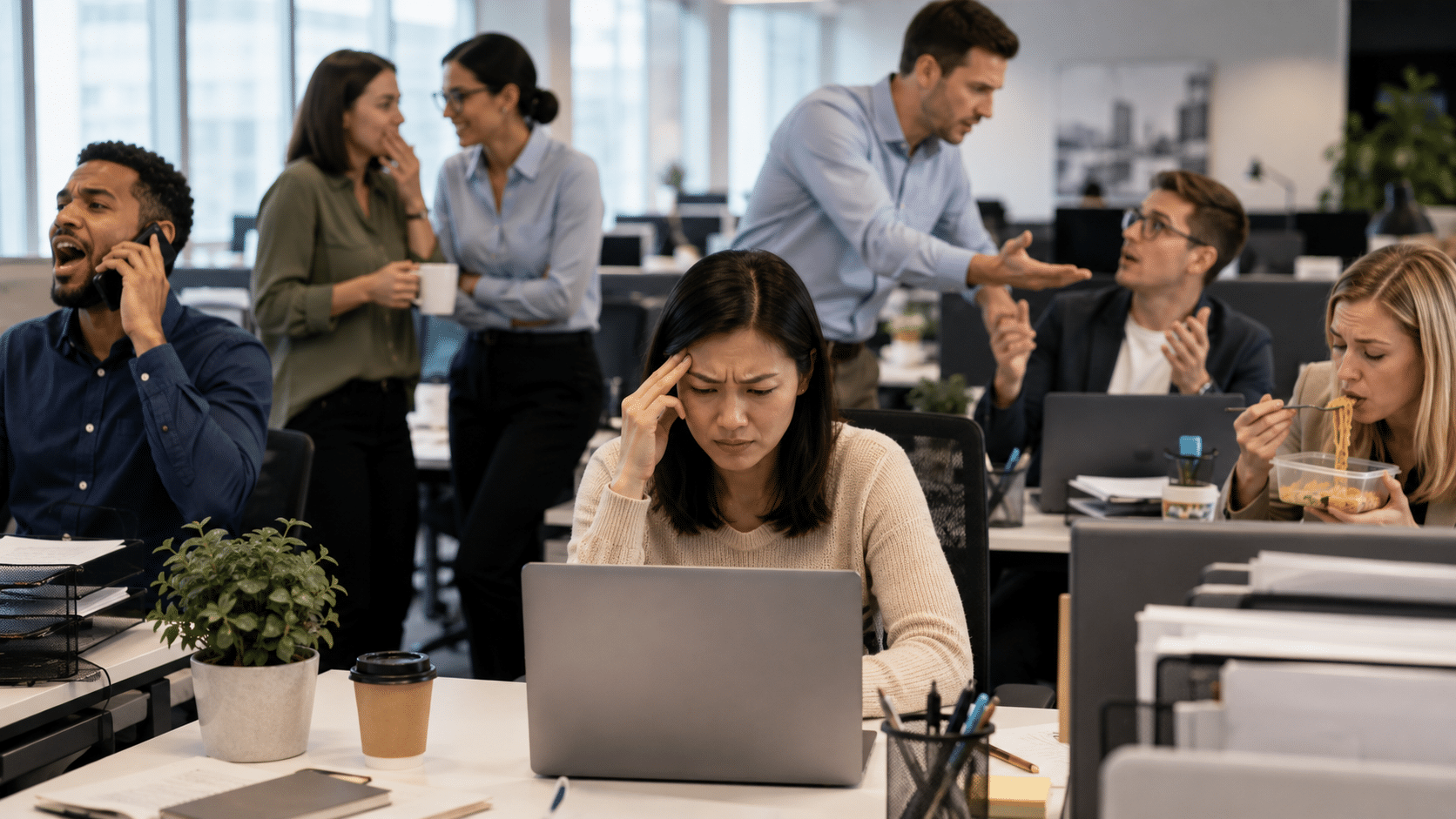 Woman focused on her laptop at a busy open-plan office while coworkers chat, argue, and eat in the background.