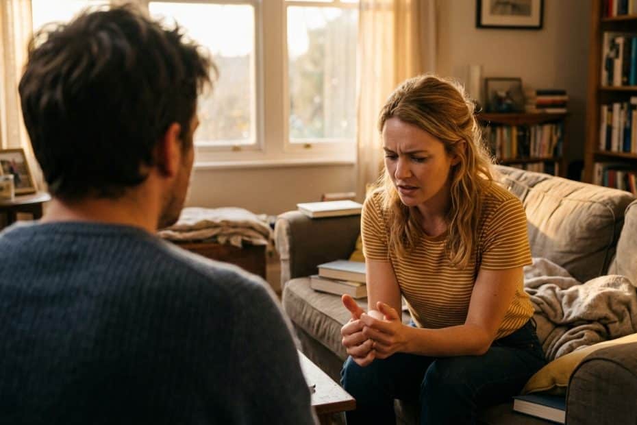 Woman on a sofa with a worried expression speaks to a man whose back is to the camera in a cozy living room full of bookshelves and warm light.