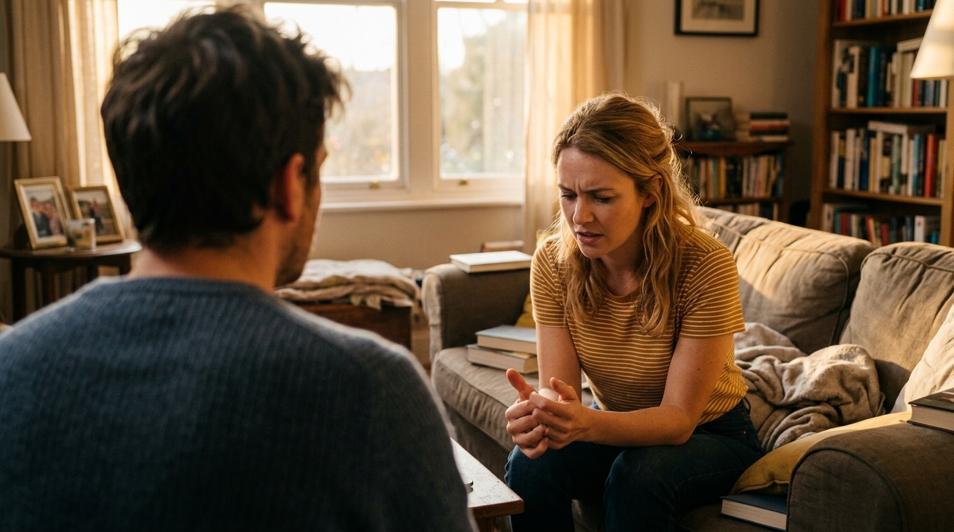 Woman on a sofa with a worried expression speaks to a man whose back is to the camera in a cozy living room full of bookshelves and warm light.