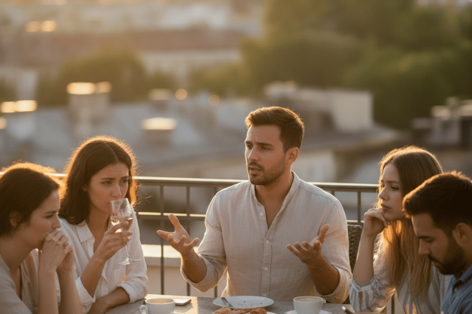 Five friends on a rooftop at sunset, mid-conversation around a table with coffee cups and pastries on an outdoor terrace sunlit in golden hour.