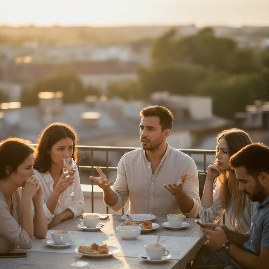 Five friends on a rooftop at sunset, mid-conversation around a table with coffee cups and pastries on an outdoor terrace sunlit in golden hour.
