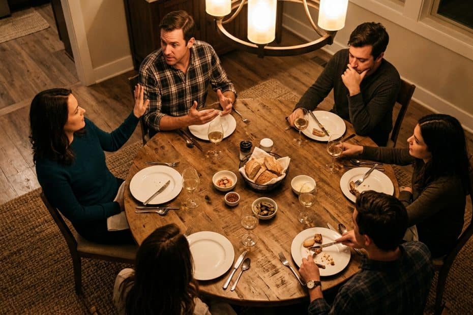 Six adults sit around a round wooden dinner table sharing a meal, engaging in conversation as they eat.