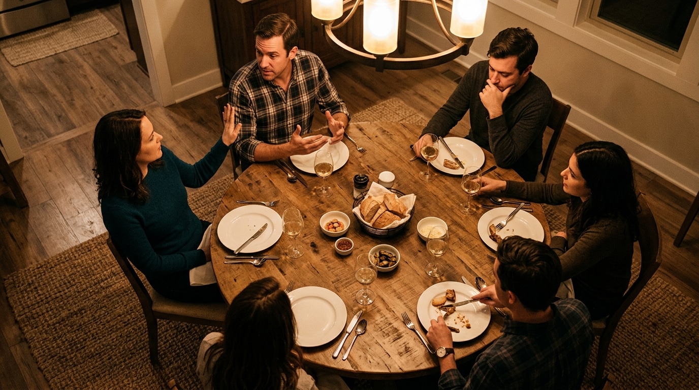 Six adults sit around a round wooden dinner table sharing a meal, engaging in conversation as they eat.