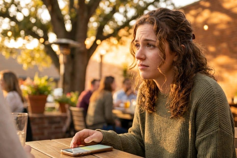 Young woman with curly hair in a green sweater at an outdoor cafe, resting her hand on a phone on the table.