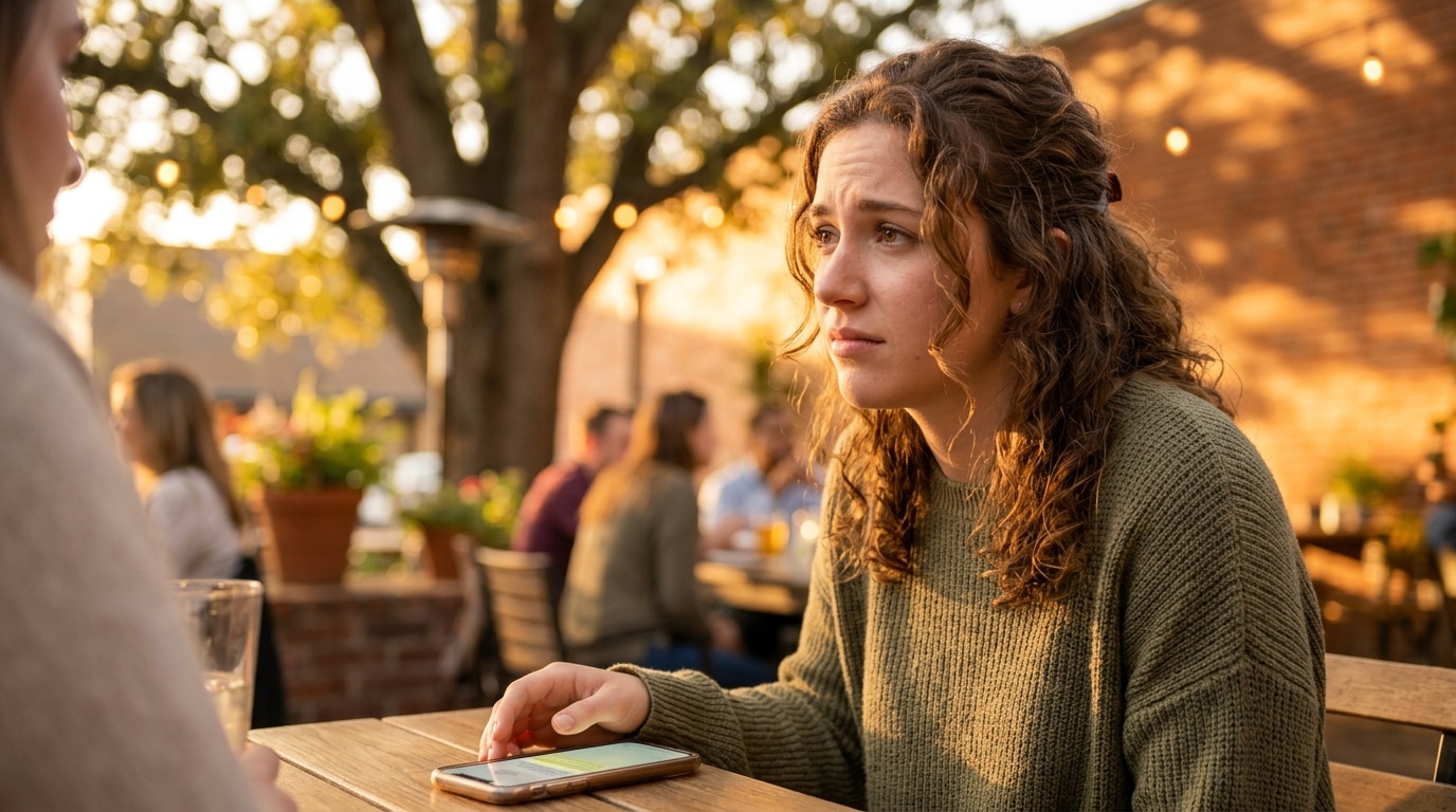 Young woman with curly hair in a green sweater at an outdoor cafe, resting her hand on a phone on the table.