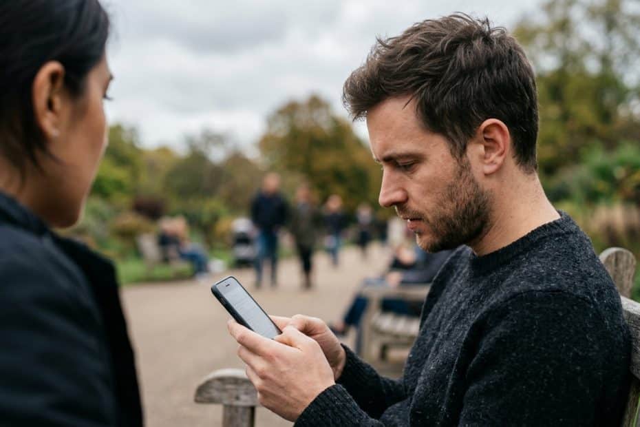 Man sits on a wooden bench in a park, focused on his smartphone as a woman stands nearby and other parkgoers blur in the background.