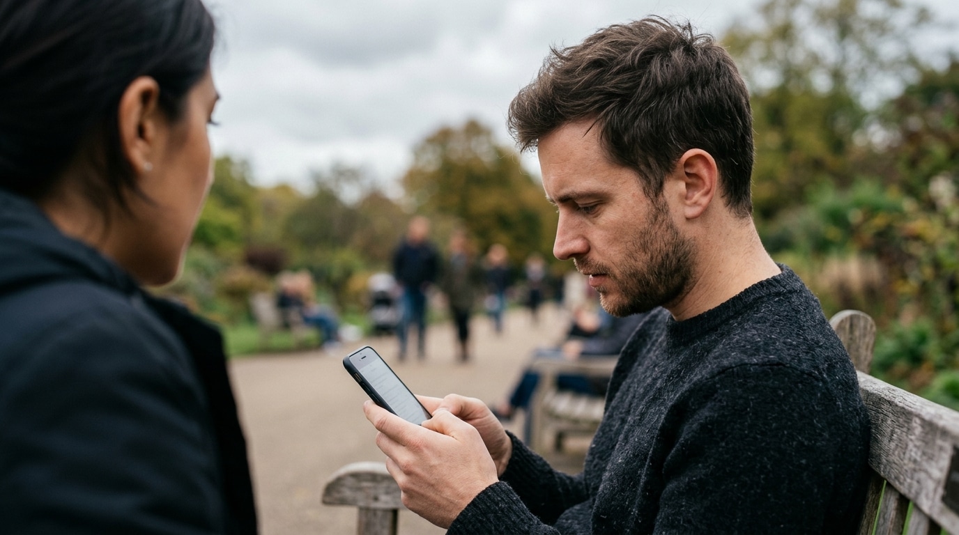 Man sits on a wooden bench in a park, focused on his smartphone as a woman stands nearby and other parkgoers blur in the background.