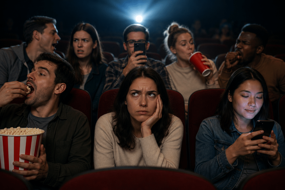 A group of friends in a dim movie theater; the center woman looks bored while others eat popcorn and use devices.