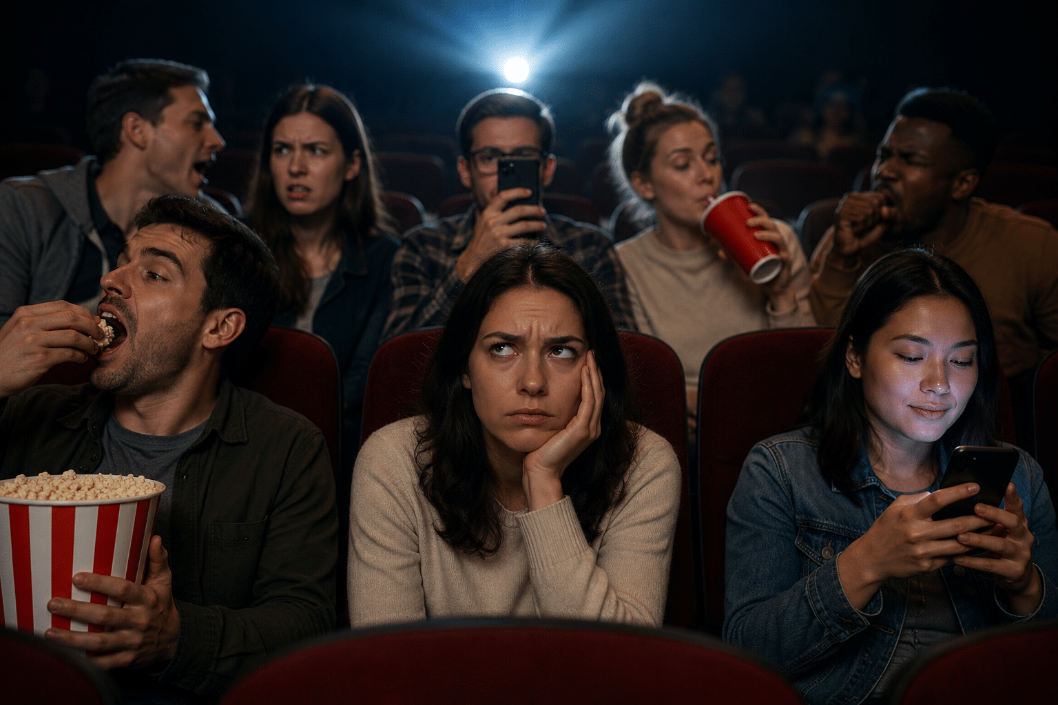 A group of friends in a dim movie theater; the center woman looks bored while others eat popcorn and use devices.